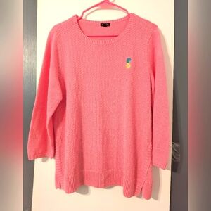 Talbot's Women's Linen Blend Pink Sweater 3/4 Sleeves Pineapple Embroided Size L